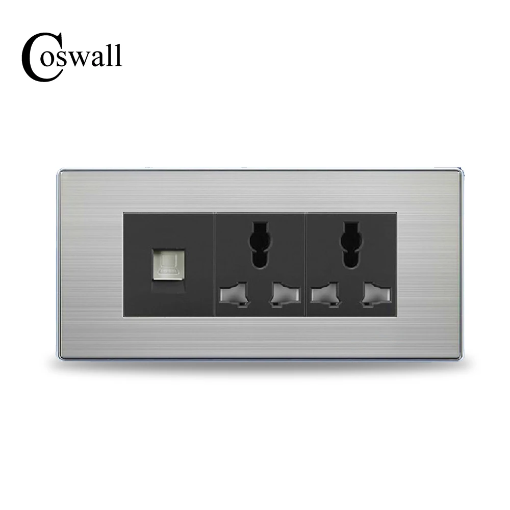 

COSWALL Luxury Wall Double Socket Universal Power Outlet With RJ45 Internet Port Stainless Steel Brushed Silver Panel 154mm*72mm