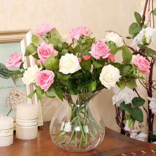 2 Buds Flower Head Red Pink Real Touch Silk Rose Bouquet