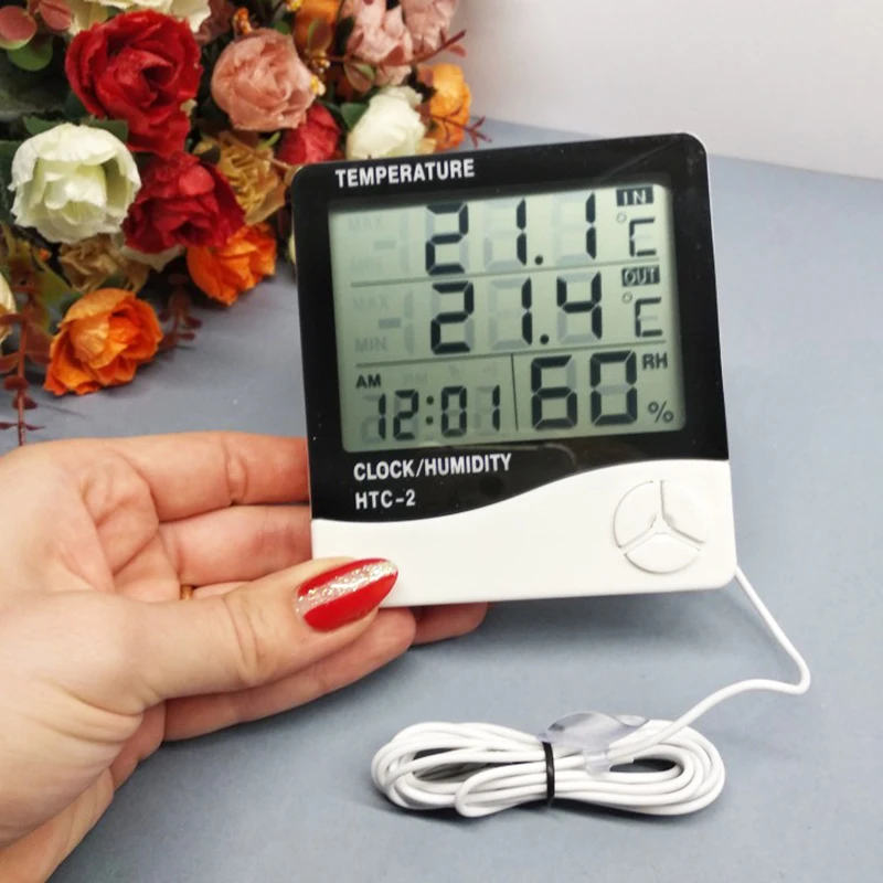 

Digital Thermometer Hygrometer Electronic LCD Temperature Humidity Meter Weather Station Indoor Outdoor Clock HTC-2