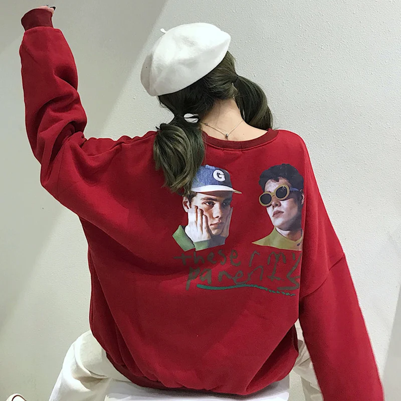 Женские толстовки, зимние Ulzzang, Ретро стиль, трендовый принт с персонажами, Женский пуловер, корейский стиль, длинный рукав, женские свитшоты - Цвет: red
