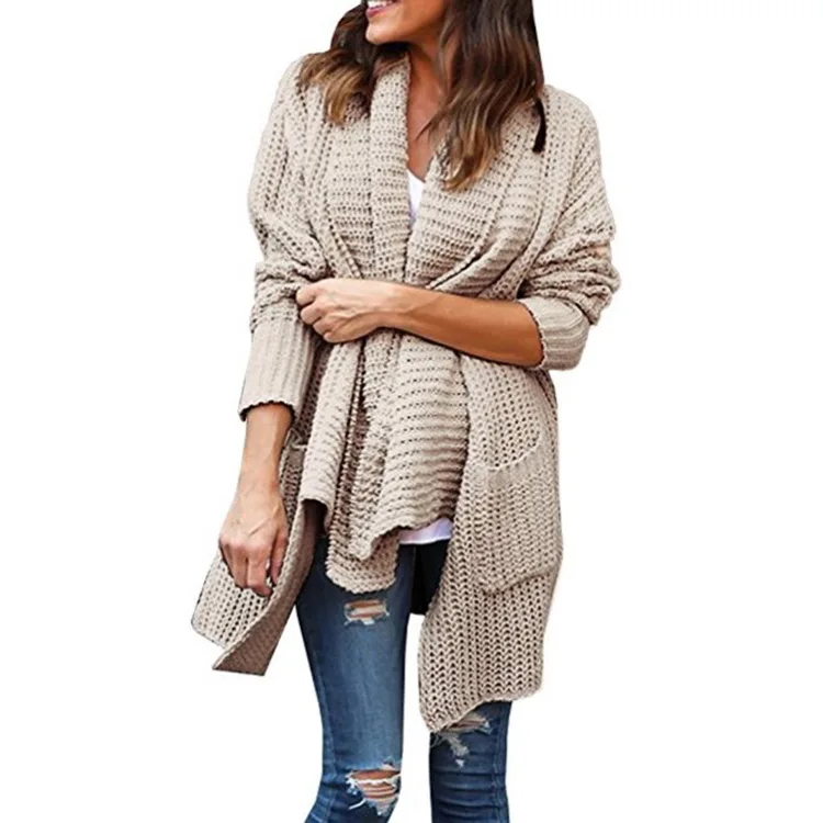 S-3xl Turn-down Collar Long Sleeve Asymmetrical Hem Knitted Sweater Double Pocket 2019 Winter Irregular Black Cardigan Woman |