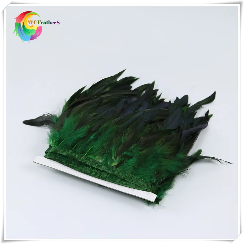 

wholesale 2 yard long dyed dark green high quality natural rooster feather trims trimming with Satin Ribbon Tape for women skirt