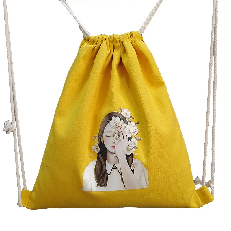 10PCS LOT Women Drawstring Cotton Bags Portable Multifunctional Pouch Cute Girl Printing Bags Travel Backbag Wholesale