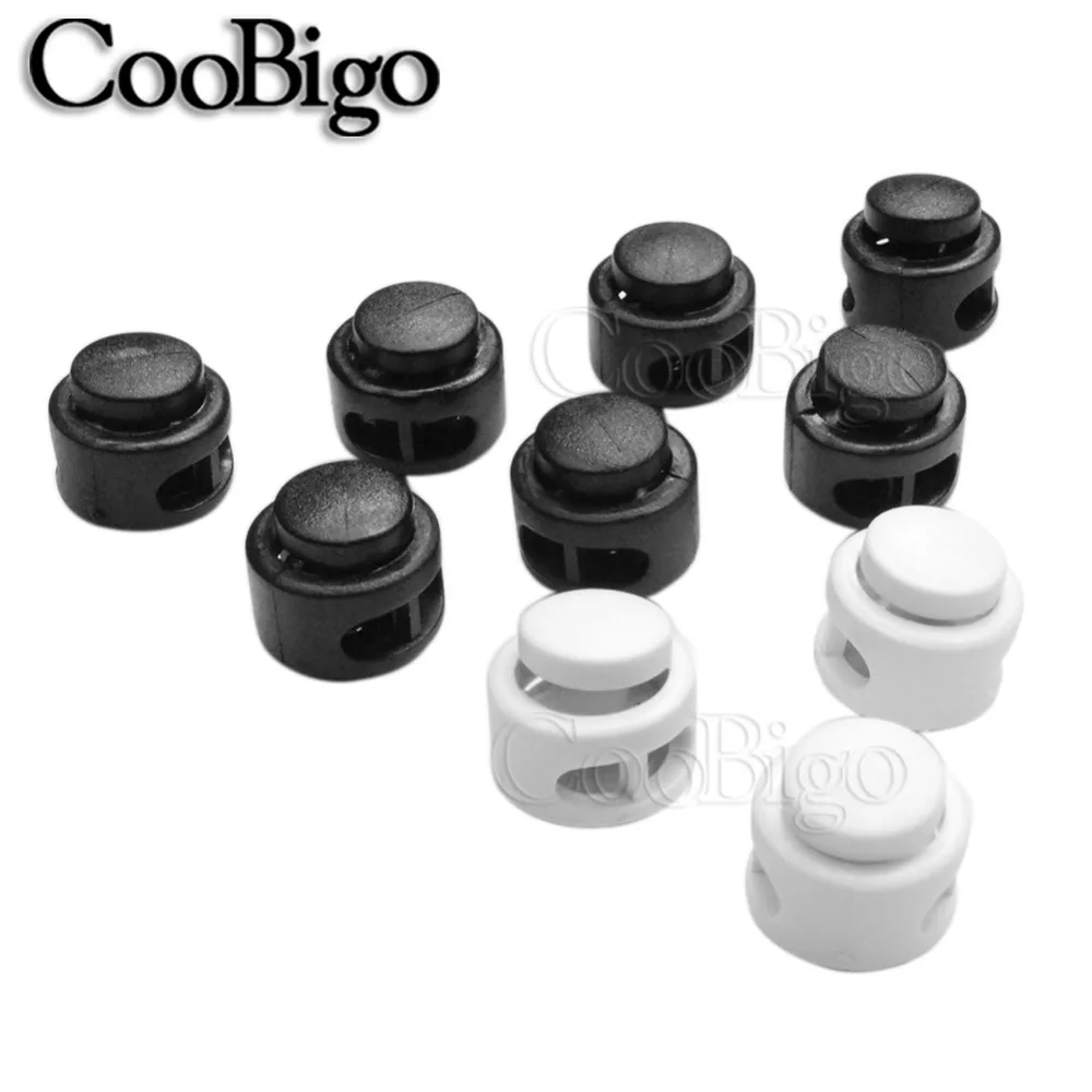 

10pcs Pack 13.5*13mm Plastic Paracord Cord Lock Clamp 2 hole Toggle Clip Stopper 2mm Rope Garment Paracord Shoes Black & White