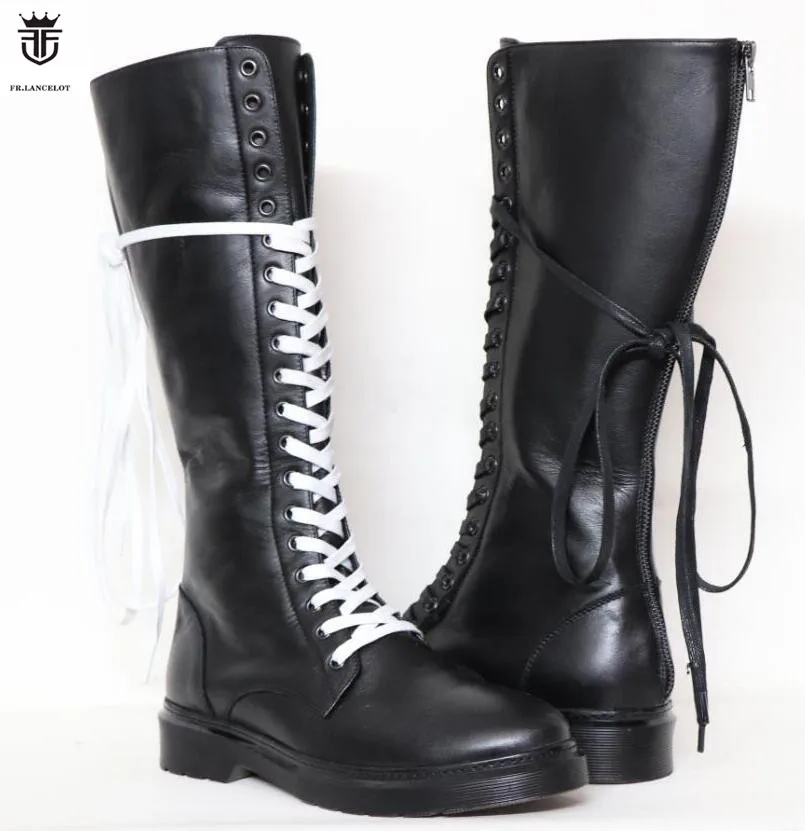 Koop FR. LANCELOT Luxe Merk Echt Lederen Lange Laarzen Knie Hoge mannen laarzen Sapatos Cross Gebonden Lace Up Schoenen Sapatos Grote maat 46