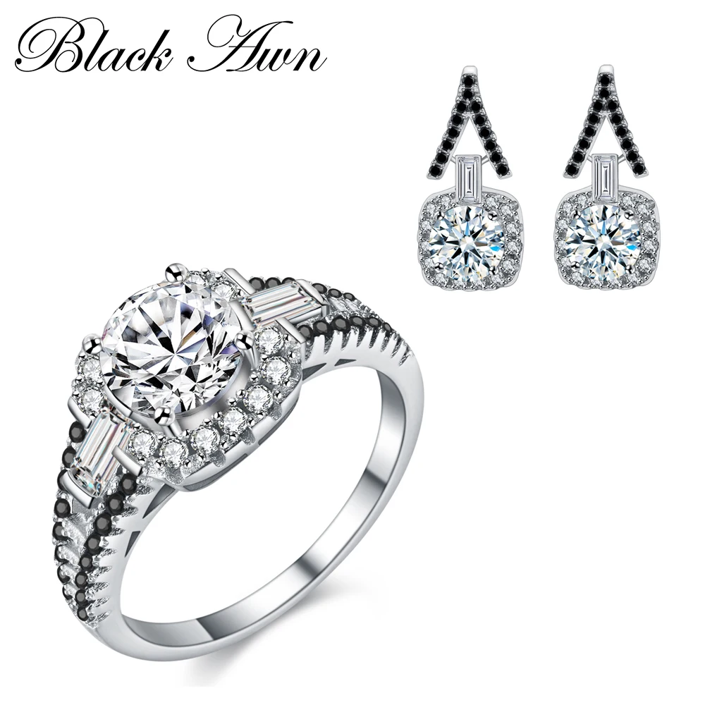 

[BLACK AWN] 925 Sterling Silver Fine Jewelry Sets Trendy Engagement Earring for Women Wedding Ring TR150
