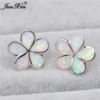 

JUNXIN Cute Small Flower Stud Earrings Women White Fire Opal Earrings Fashion Silver Color Birthstone Jewelry Best Gift