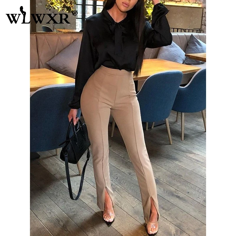 

WLWXR Casual Split Wide Leg Summer Bodycon Pants Women Office High Waist Pants Female Trousers Women Flare Skinny Sexy Pants