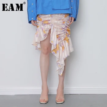 

[EAM] 2020 New Spring Summer High Elastic Waist Half-body Ruffles Pleated Pattern Print Irregular Skirt Women Fashion Tide JY078
