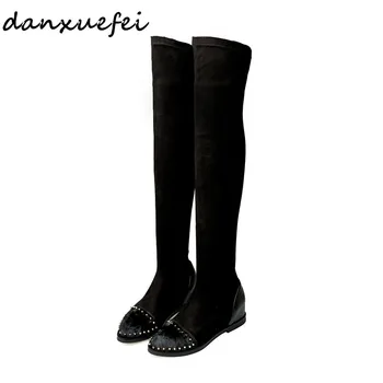 

Women's horsehair stretch fabric slip-on winter autumn over the knee boots brand designer river punk black slim long boots shoes