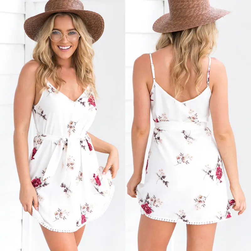 

New Arrivals Women Sleeveless Floral Bodysuits Summer Ladies Fashion Chiffion Beach Short Mini Dress