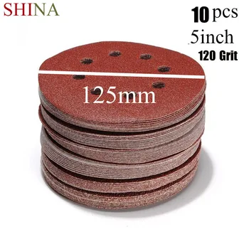 

SHINA 10pcs 125mm 5" Hook Loop Sanding paper with 8 Hole Sand Pads Set 120Grit Sander Disc Abrasives for polish machine