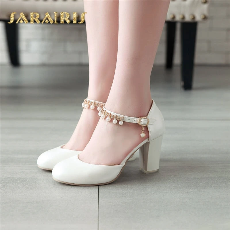 

Sarairis Beading Charming Square High Heel Ankle Strap Buckle Up Summer Party Wedding Shoes Woman Sandals Large Size 34-43