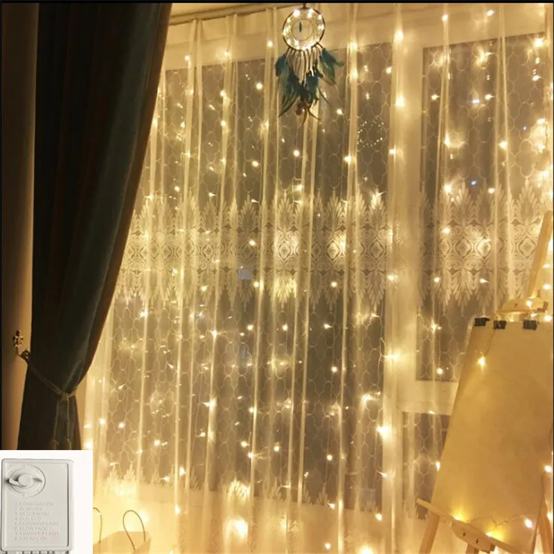 Контроллер памяти led Фея Строка сосулька шторы Свет 300 лампы Рождество Свадебные праздничный декор для сада 3*3 м 12 strand теплый белый