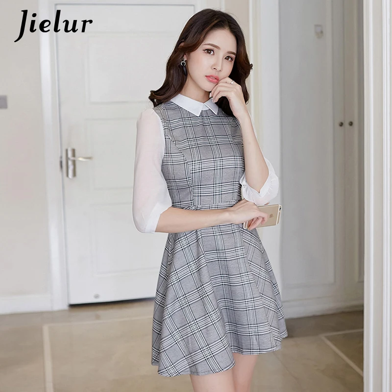 

Jielur Elegland Style Plaid Turn-down Collar Vintage Dress Women S-XL Grace College Vestidos Mujer 2019 Chic Robe Femme Dropship