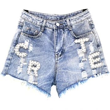 

2020 summer new loose wide leg denim shorts women heavy work beaded letters high waist jeans shorts