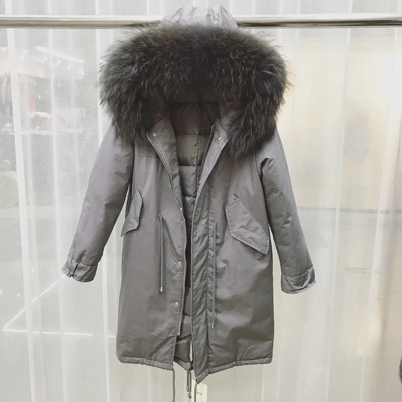 Le Vers Grand Parka D'hiver La Canard Noir Laveur Chaud Plus Capuchon Fourrure Bas Femmes Femelle Naturel 2018 Long Veste Blanc Taille Raton À gris Réel De Manteau ZBZOrg