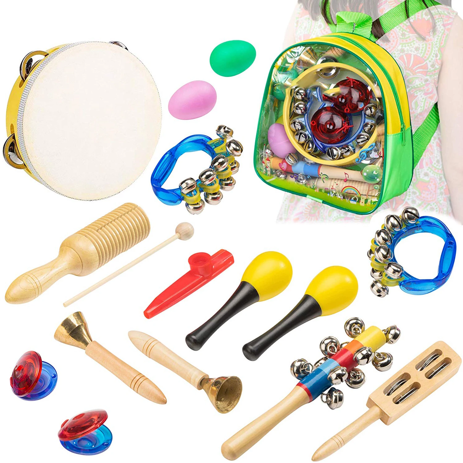 Wooden Percussion Instruments Xylophone Tambourine castanets Toys Kids 15PCS 