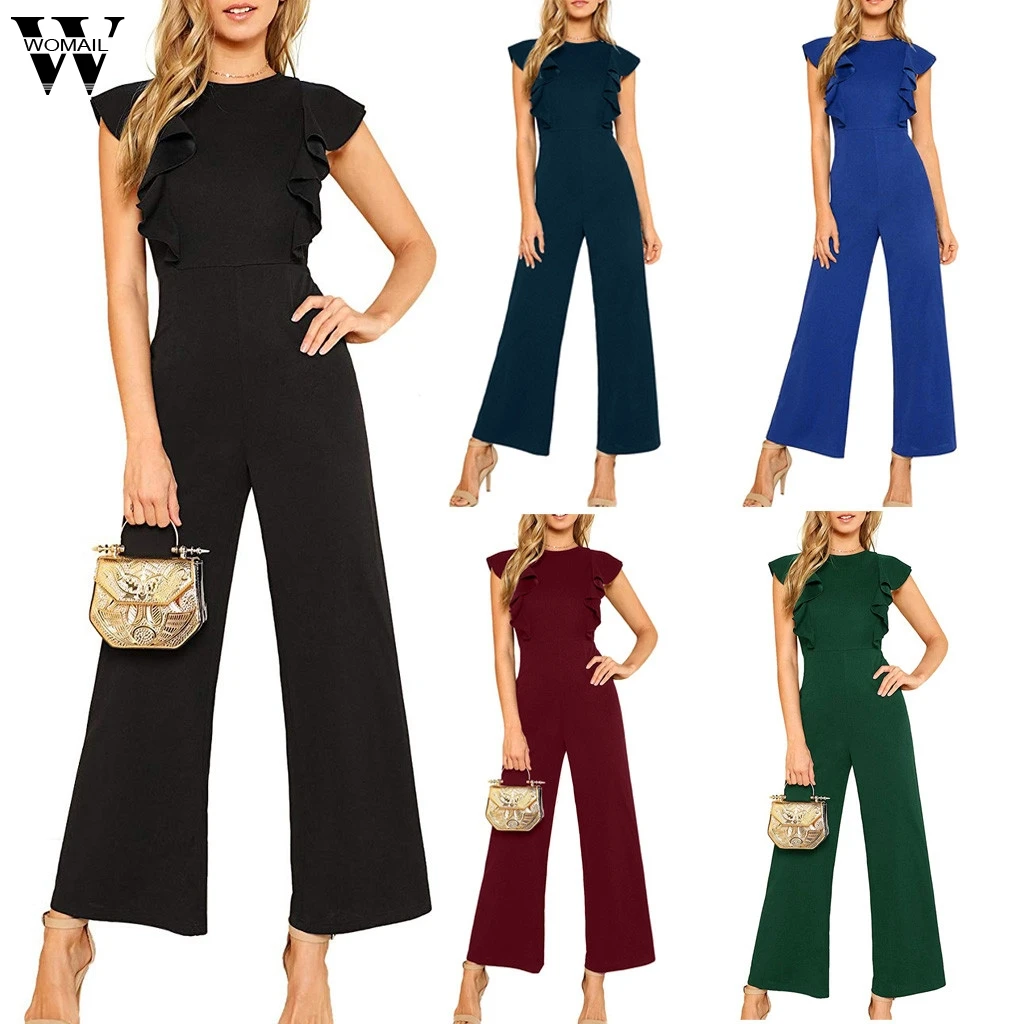 

Womail bodysuit Women Fashion Chiffon Sleeveless Solid Casual Loose Simple Beach Ladies Wide Leg long Jumpsuits Holiday J711