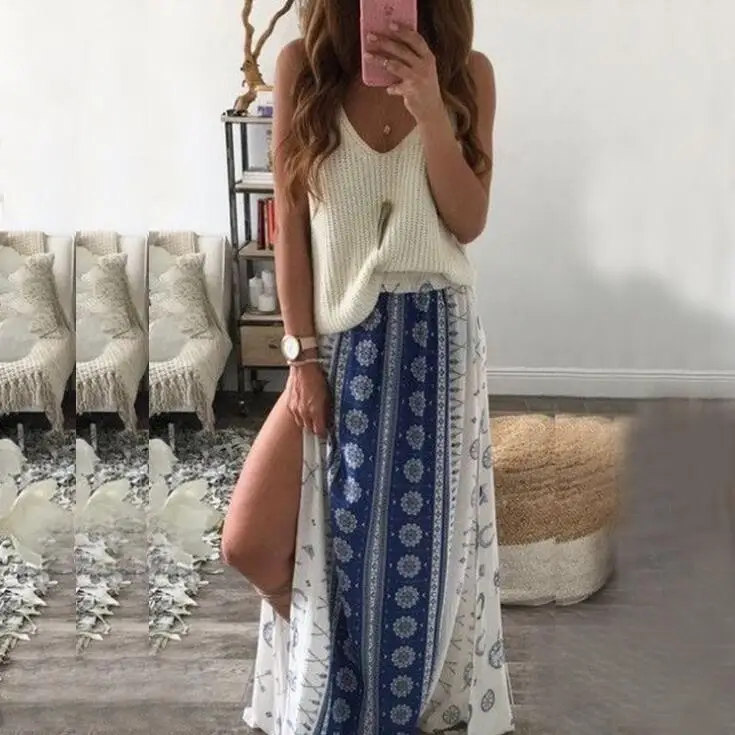 2018 новые летние модные Винтаж богемы шифон с цветочным принтом Для женщин Boho этаж