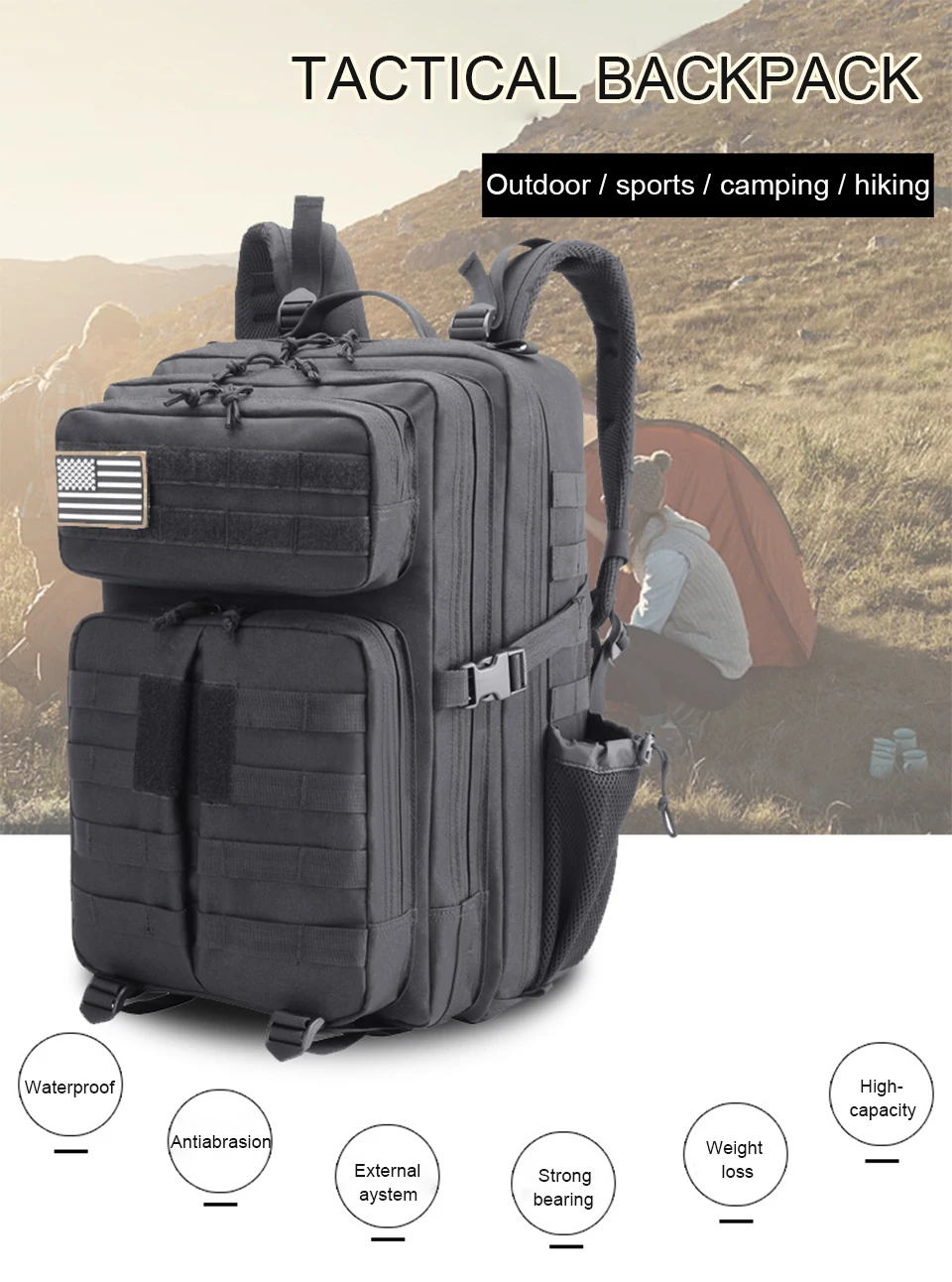 Tactical Backpacks Outdoor Backpack Military Assault Army Molle Rucksack with Flag Patches Women Men Waterproof Sports Bags Pack (1)