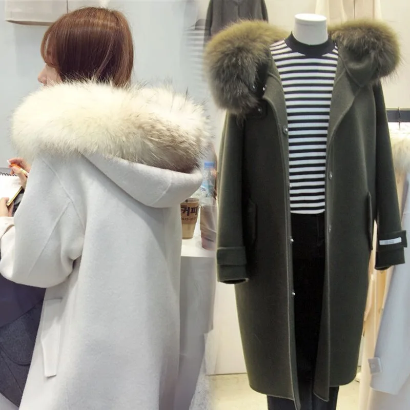 

Fashion Solid Long Women Wool Coat Fur Collar Single Breasted Winter Jacket with Pockets Elegant Cashmere Coat 2018