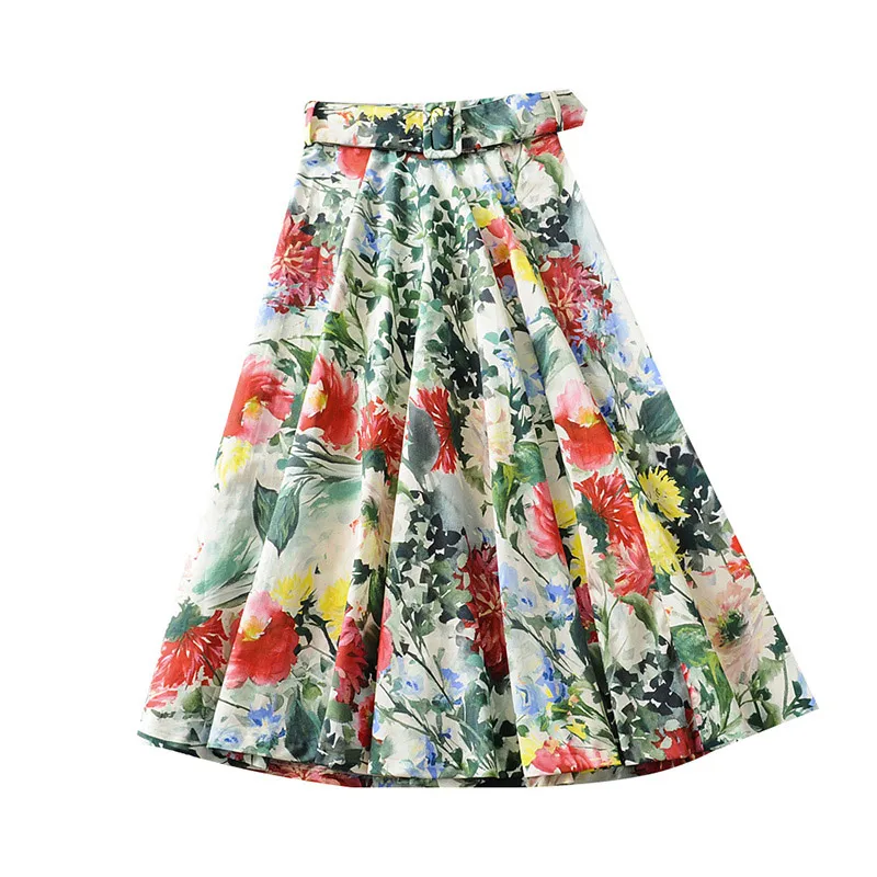 Винтажная стильная женская юбка миди с поясом и цветочным принтом,, модная плиссированная Женская юбка с боковой молнией, повседневная женская юбка - Цвет: as picture