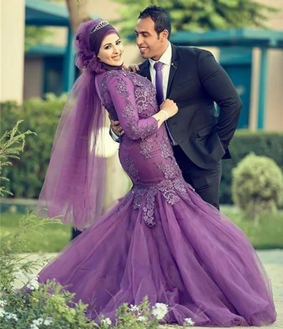 2015 Mermaid Muslim Evening Dresses A Line Long Sleeves Purple Lace 