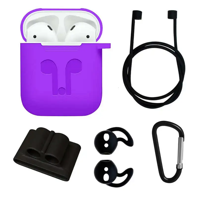 

For Apple Airpods Accessories Silicone Cover Case+Anti Lost Strap+Ear Cover Hook 5 In 1(Purple+Black)