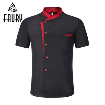 

Unisex Single Breasted Stitching Color Short Sleeve Breathable Summer Chef Work Uniforms Restaurant Cafe Waiter Jackets Aprons