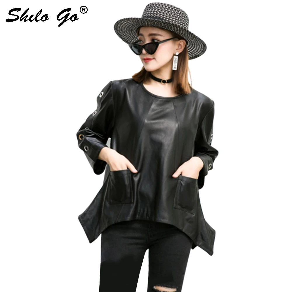 Streetwear Leather Blouses Women Spring Casual Asymmetrical Sheepskin