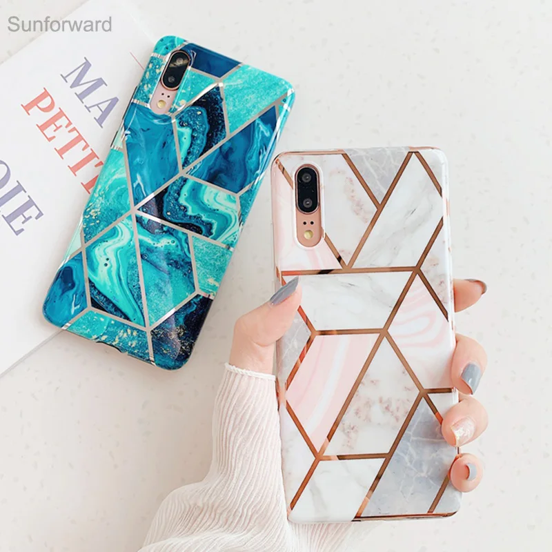 

Luxury Geometric Glossy Marble Soft Silicone Case For Huawei P30 P20 Pro Lite Plating Lines For Huawei Mate 20 Pro Back Cover