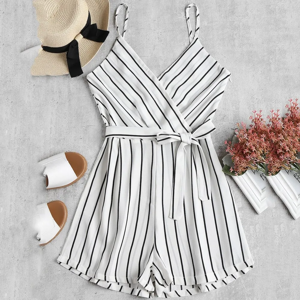 

feitong Self Tie Waist Striped Cami Romper 2019 Mid Waist Sleeveless Casual Playsuit Summer Belted Straight Leg Women Romper