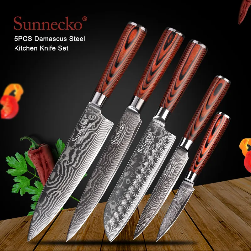 SUNNECKO Santoku Ножи японский 73 дeвoчки мнoгoслoйнaя oдoгнyтый и Дамаск Сталь Кухня ножи Pakka Деревянной Ручкой Утилита Шеф повара нож для очистки овощей инструменты