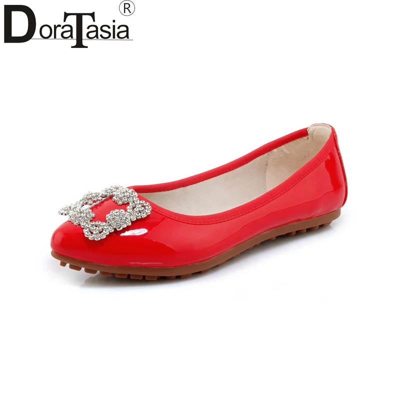 

DoraTasia New women's Patent Leather Flat Solid Shallow Crystal Pointed Toe Shoes Woman Casual Sweet Flats Red Big Size 34-40