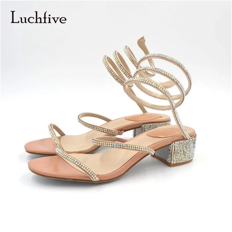 

Luchfive Med Chunky Low Heel Gladiator Sandals Women Open Toe One-Strap S-Shaped Circle Crystal Summer Sandal Shoes Woman