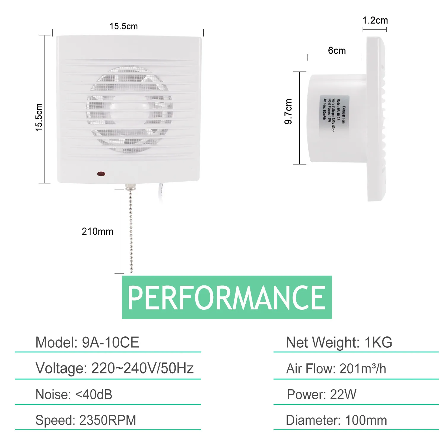 4''220V Silent Home Air Extractor Fan with Pull