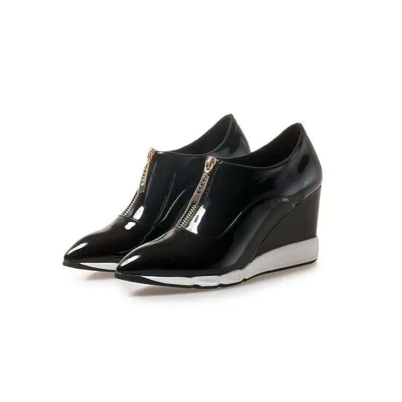 

Womens Front Zip Wedge High Heel Ankle Boots Low Top Patent Leather Shoes Platform Pointed Toe Black Red A457