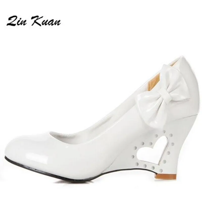 

Plus Size 34-43 New Candy Color Ladies Round Toe Cut Out Wedge Party High Heel Shoes Women Bow Ties Office Pumps QKP0157A