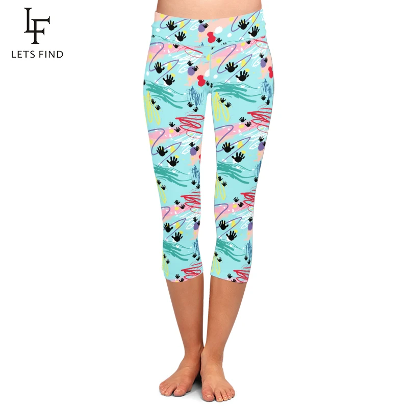 

LETSFIND 2019 New Design Graffiti Print Women Capri Leggings High Waist Elasticity Milk Silk Mid-Calf 3/4 Pants
