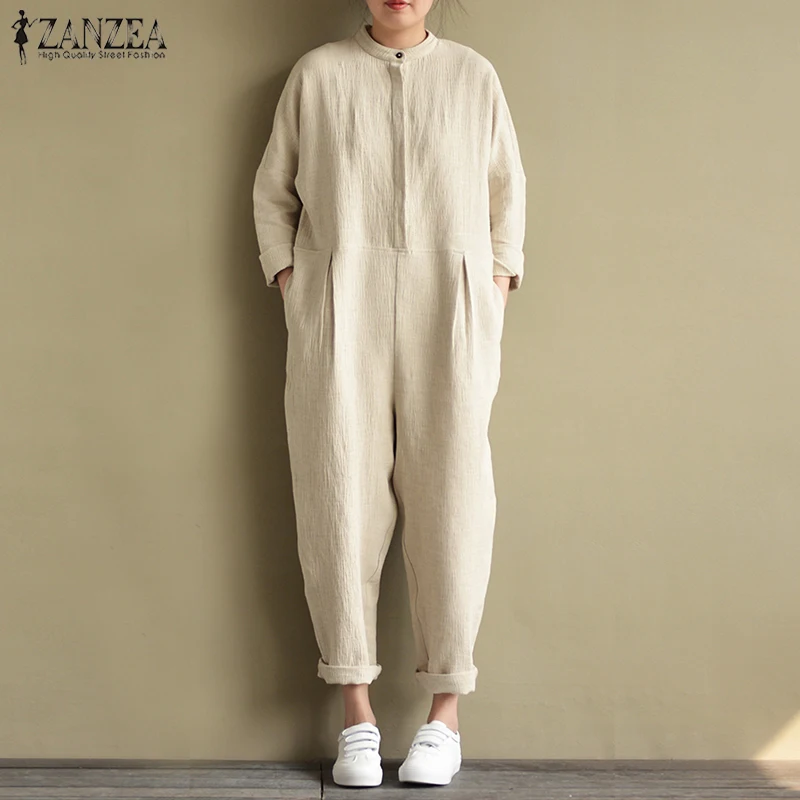 ZANZEA Women Rompers Autumn Stand Collar Long Sleeve Pockets Solid