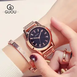 GUOU Топ бренд для женщин Роскошные простые часы женские Девушки платье браслет полный стальной кварцевые часы женские наручные часы Relojes