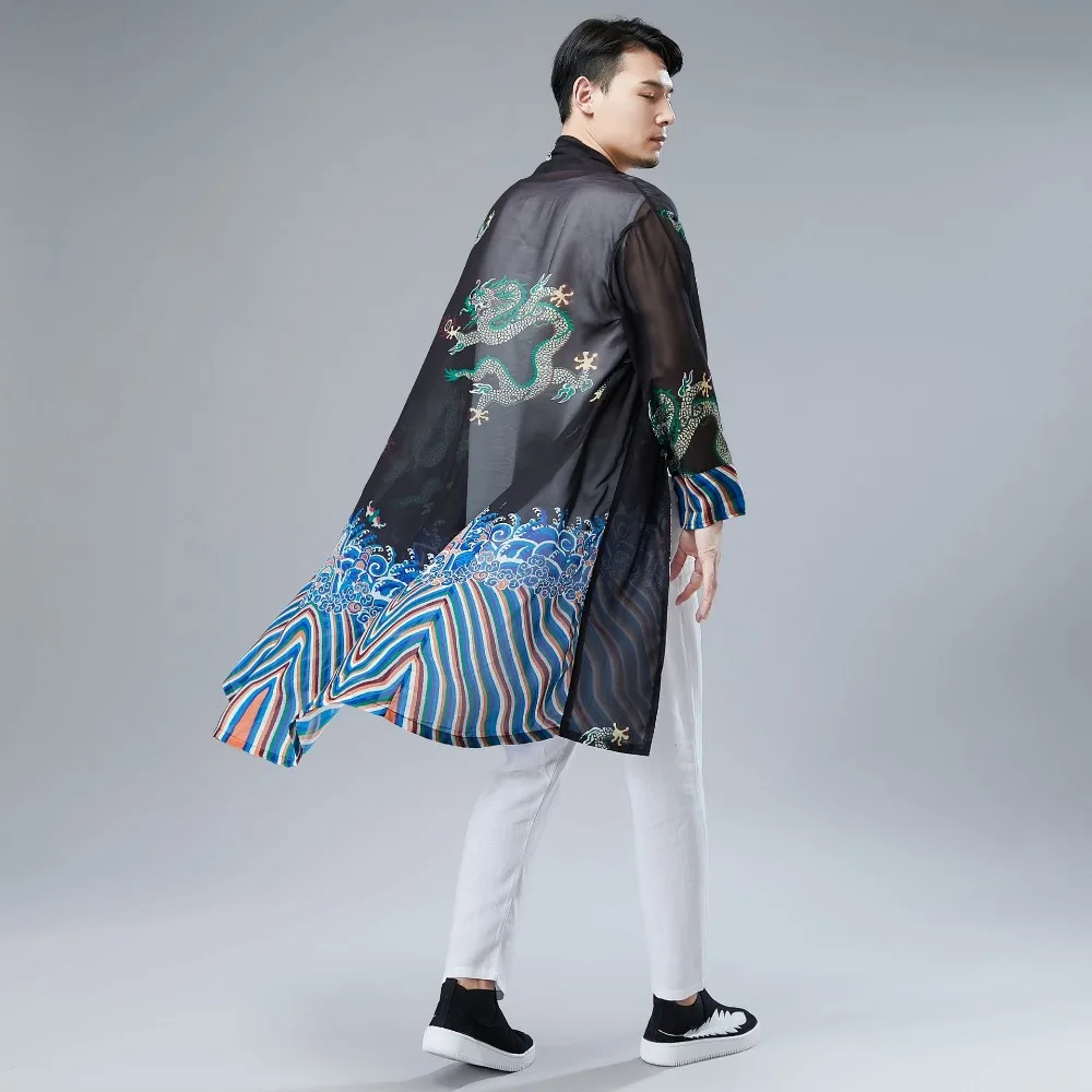 LZJN 2019 Japanese Kimono Cardigan Men Dragon Pattern Print Long Kimono Cardigan Men Thin Mens Kimono Cardigan Jacket Coat  (23)