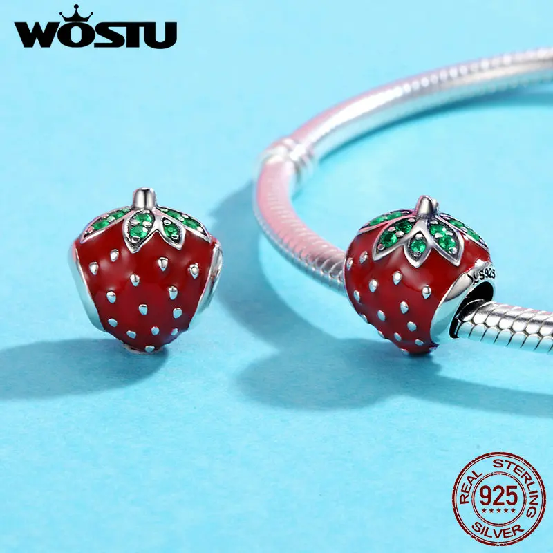 

WOSTU 100% Real 925 Sterling Silver Green CZ Enamel Red Strawberry Beads Charm Fit For Women Bracelet Jewelry Making Gift BKC369