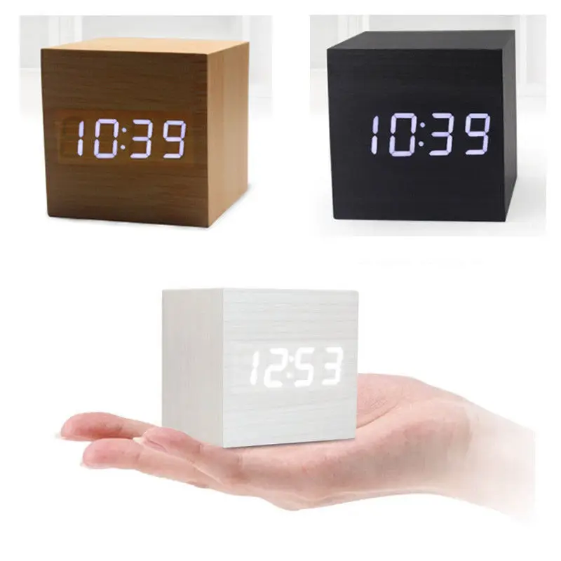 

Retro Wooden LED Digital Alarm Clock Chargeable Voice Control Calendar Temperature Wood Cubic bedside Clock