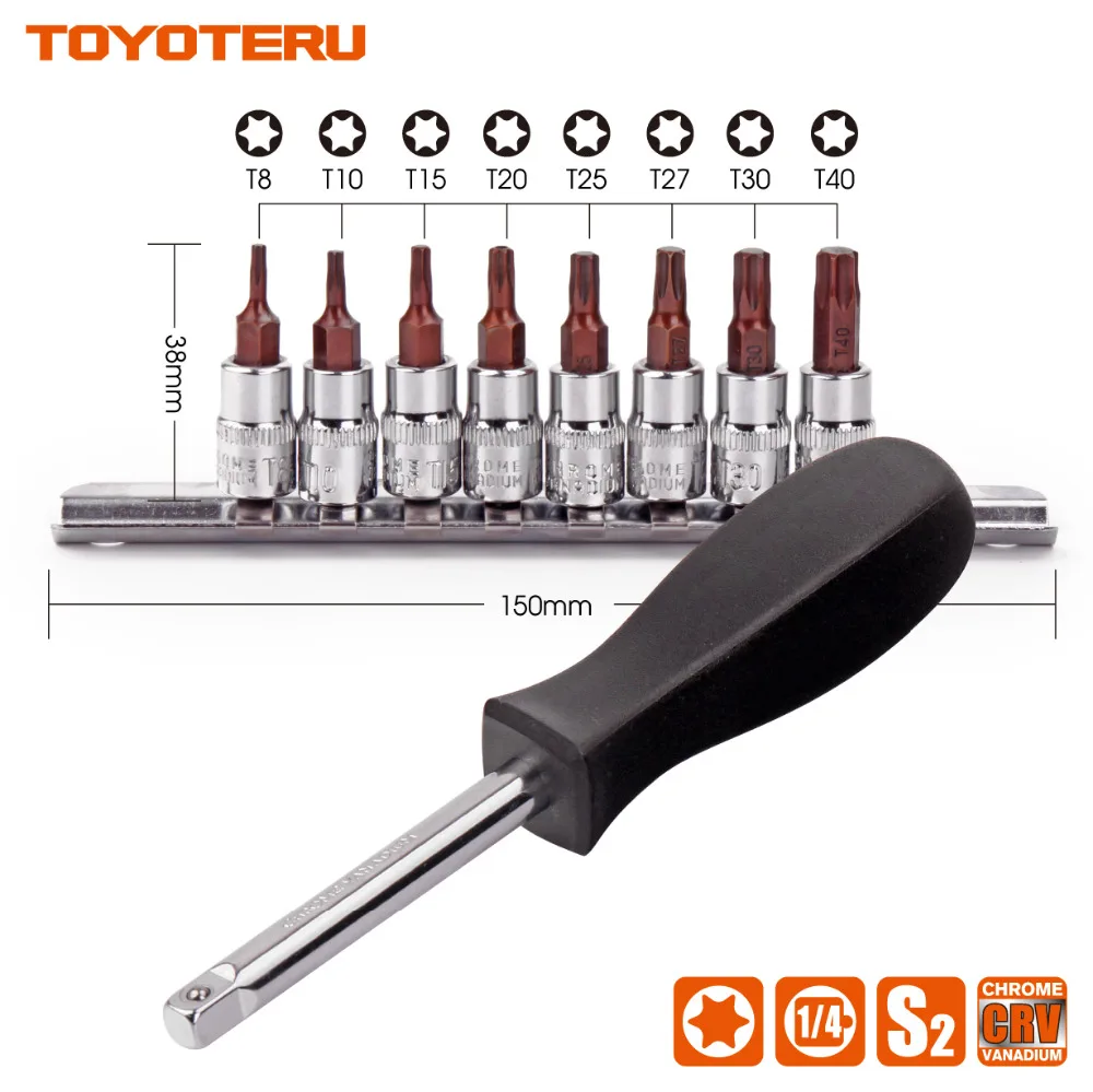 

TOYOTERU 8PC/9PC Torx Bit CR-V Socket 1/4" Drive Star Bit T8 T10 T15 T20 T25 T27 T30 T40 S2 Bits with Handle