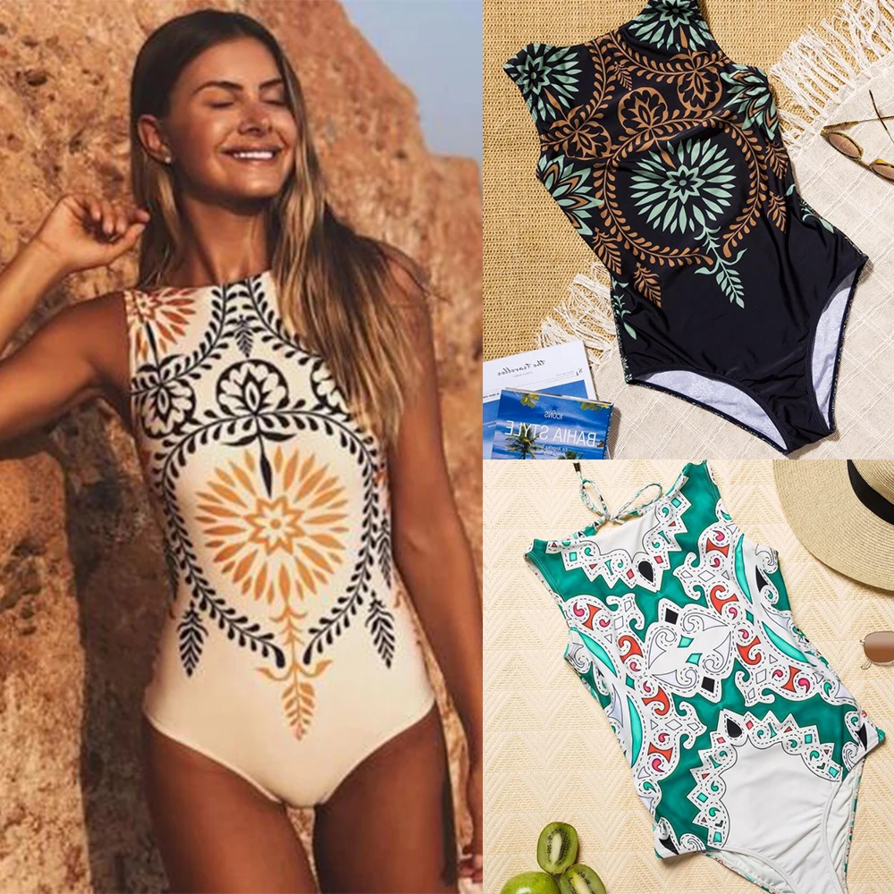 

2019 New Print Floral One Piece Swimsuit Women Swimwear Vintage Monokini Bodysuit Female High Neck Bathing Suit Summer Beachwear