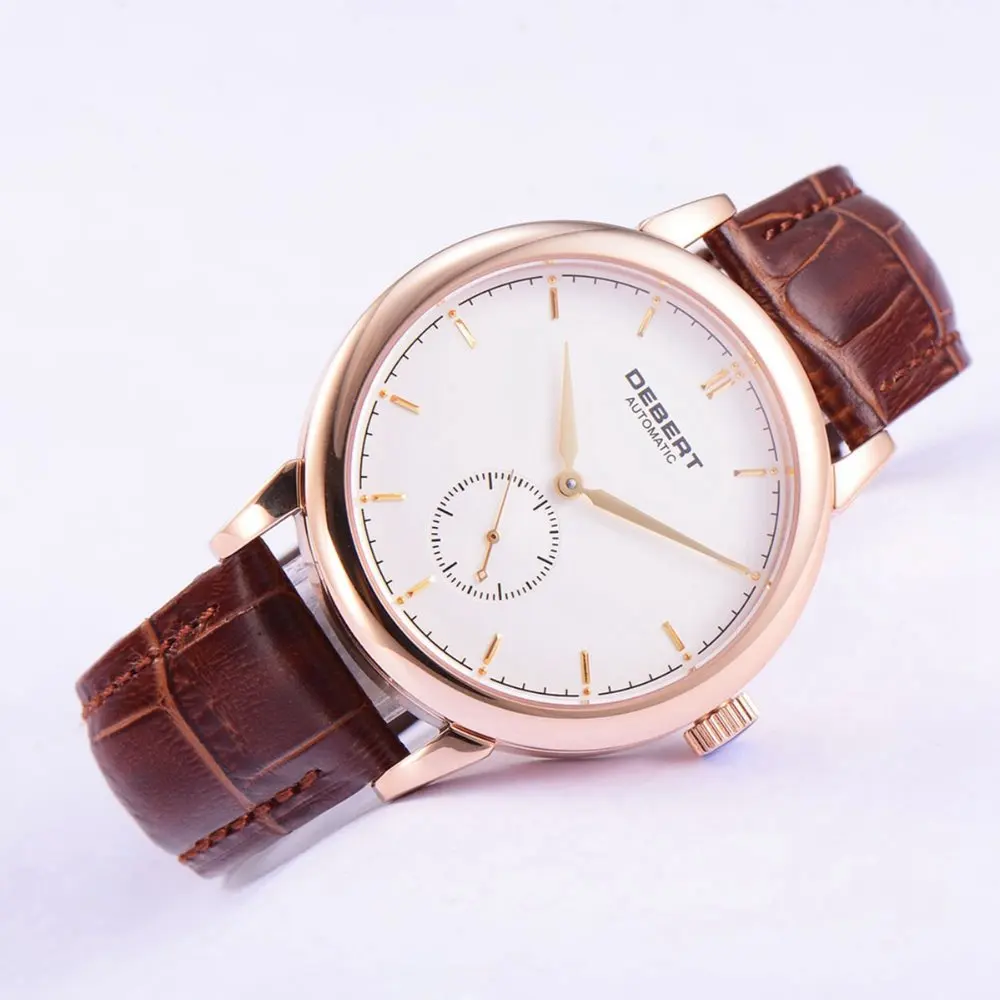 

40mm Debert white dial rose gold case leather strap Automatic mens Watch