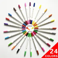 24 цвета воды на основе двойной Совет кисточки и фетр Совет Ручка для художественного письма набор с бумага коробка для рисования эскизов