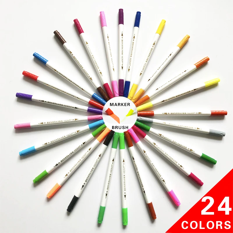 

24 Colors Water Color Based Dual Tip Brush and Felt Tip Art Mark Pen Set With Paper Box For Drawing and Sketching